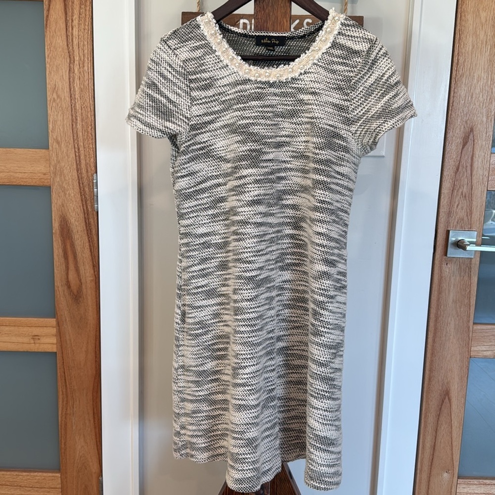 Melissa Paige Women’s“A-Line” Textured Cotton Mini Dress Pearl Trim Medium EUC